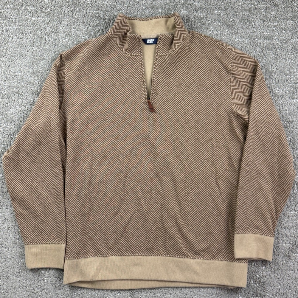 Lands End Quarter Zip Pullover Mens XL Tan Herringbone Knit Classic Preppy